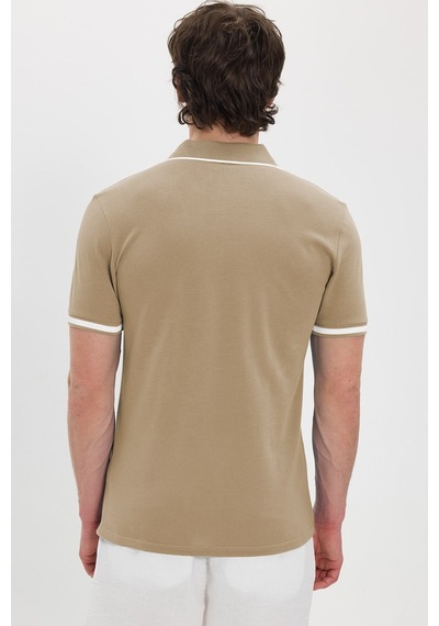Tudors Erkek Slim Fit Dar Kesim %100 Pamuk Jakarlı Düz Yaka Ve Kol Detaylı Bej Polo Yaka Tişört-50218