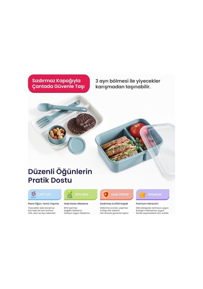 3 Bölmeli Beslenme Kabı 920 Ml Sosluklu Sızdırmaz Kapaklı Bpa İçermez Çatal Kaşık Dahil Lunch Box Bölmeli Yemek Kabı Gri Çok Renkli