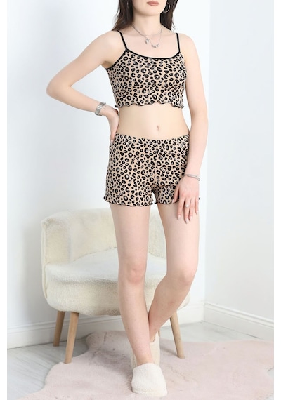 Lukitus İp Askılı Şortlu Pegasus Crop Pijama Takımı Kahve - Leopar Lukitus İp Askılı Şortlu Pegasus Crop Pijama Takımı Kahve - Leopar