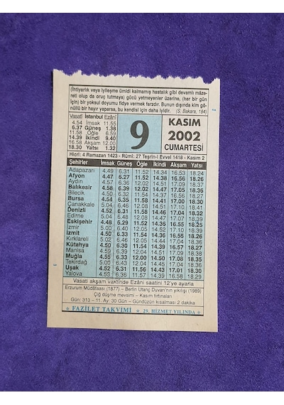9 Kasım 2002 Takvim Yaprağı - Nostalji Koleksiyonluk Takvim Yaprağı