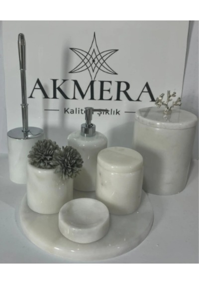 Akmera Elite 7 Parça %100 Gerçek Mermer Banyo Seti beyaz - Krom