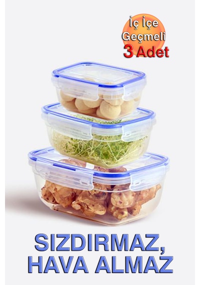 Lock&fresh Contalı Dikdörtgen Saklama Kabı 400, 800, 1400ml Üçlü Set Mavi