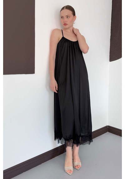Verymoda Dantel Detaylı Saten Elbise D3022 Siyah