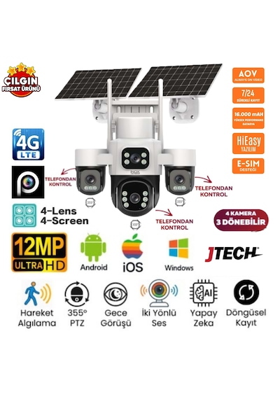 Inox X-24 3mp+3mp+3mp+3mp 12mp 4g E-sim Kartlı 2xsolar Panelli 4 Lens 3 Ptz Akıllı Kamera