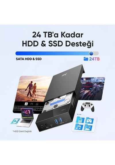Juo Jhd40 2.5" Ve 3.5" İnç Sata Hdd Ssd Harici Disk Kutusu, Usb 3.1 Type-c 5gbps, 3 Port Usb Hub, 24tb Destekli