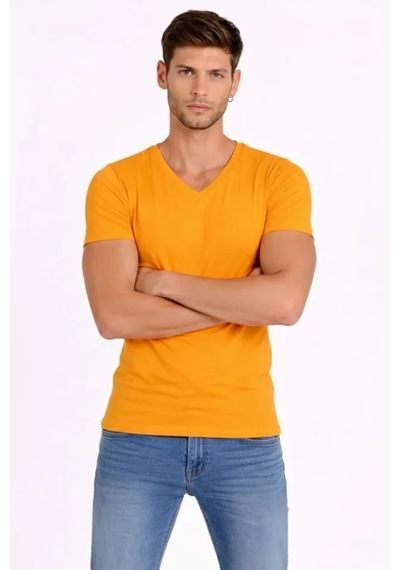Butik İstanbul Erkek T-shirt V Yaka Slim Fit Dar Kesim Likralı Tişört Günlük Basic Body - Sarı