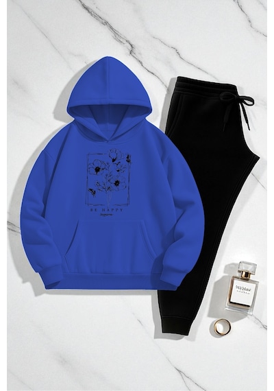Uyguntarz Unisex Be Happy Baskılı Oversize Sweatshirt Takım Mavi