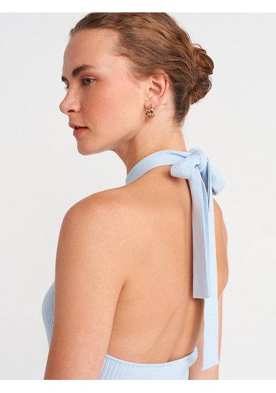 Dilvin 10798 Halter Bağlamalı Yaka Fitilli Triko Bluz-mavi Mavi