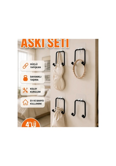 4'lü Yapışkanlı Duvar Askısı Ev Ve Banyo Askılık Seti Renkli