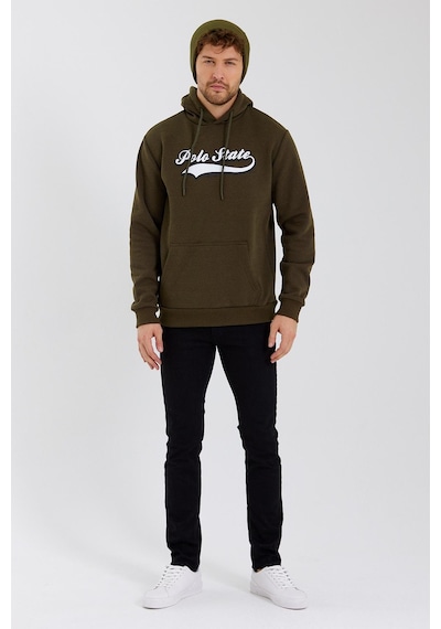Polostate Erkek 3 İplik Pamuklu İçi Polarlı Baskılı Regular Fit Kapüşonlu Kanguru Cepli Haki Sweatshirt Haki