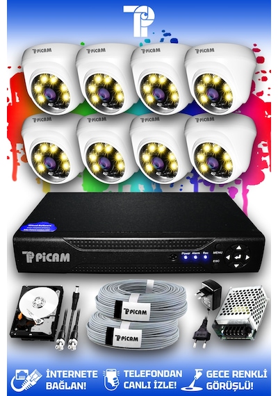 Picam 8 Kameralı Dome 8 İç Kamera Set 500 GB HDD Full HD Renkli Gece Görüşlü Güvenlik Kamerası Sistemi