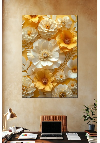 Çiçek Baskılı Cam Tablo 3d Görünümlü Sarı Beyaz Floral Dekoratif Duvar Tablosu