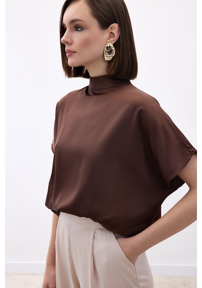 Sateen Yarasa Kol Salaş Bluz - Kahve-136538 kahve