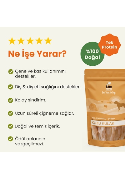 Kito Kurutulmuş Kuzu Kulak Çiğnemelik Doğal Glutensiz Organik Köpek Ödül Maması 100 G