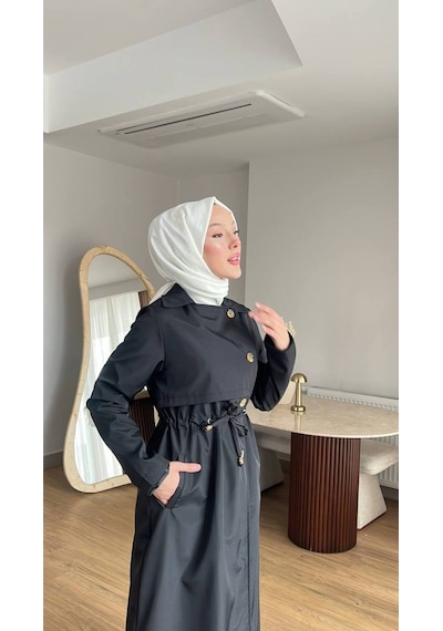Esra Butik78 Kadın Düğmeli Trençkot Kendi Kumaşından Kemerli Model Siyah