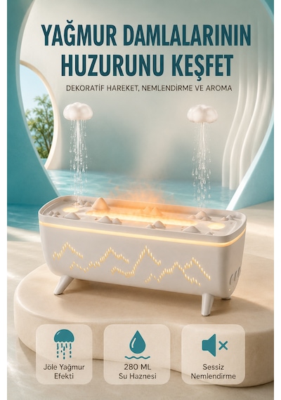 Dekoratif Hava Nemlendirici Ve Aromaterapi Difüzörü 280 Ml Yağmur Efektli Renkli Led Işıklı Çr