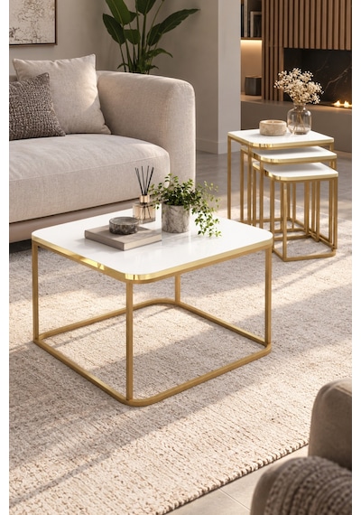 Sulorahome Damla Sehpa Seti Beyaz Ve Gold Metal Ayaklı Tablalar Beyaz Mermer / Ayaklar Gold