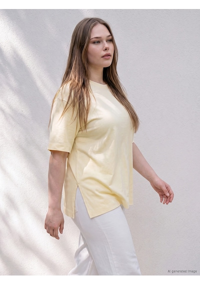Lcw Curve Sarı Büyük Beden %100 Pamuklu Oversize Kadın Tişört