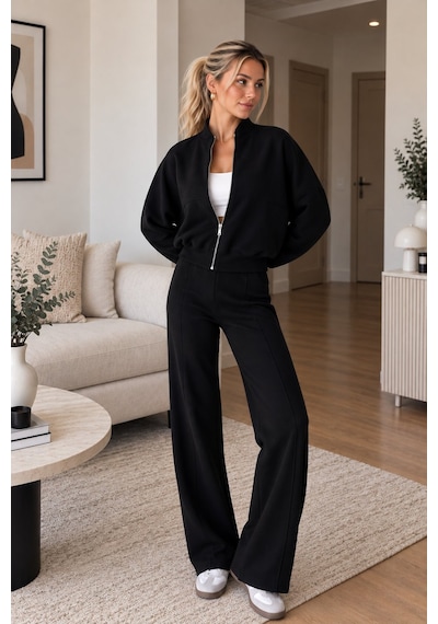 Lima Siyah Kadın Fermuarlı Dik Yaka Eşofman Takımı Oversize Sweatshirt Ve Bol Paça Pantolon İkili Takım