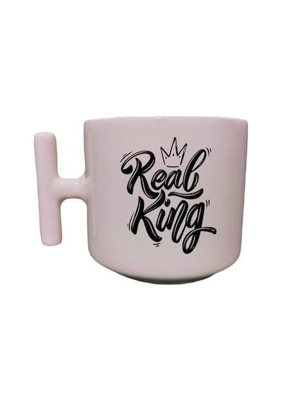 Real King Yazılı Krem Rengi T Saplı Eğlenceli Yazılı Özel Tasarım Baskılı Kupa Bardak Latte Bardağı Beyaz