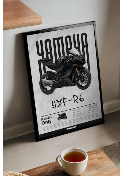 Yamaha Yzf-r6 Siyah Ahşap Çerçeveli Poster, Dekoratif Motosiklet Duvar Tablosu