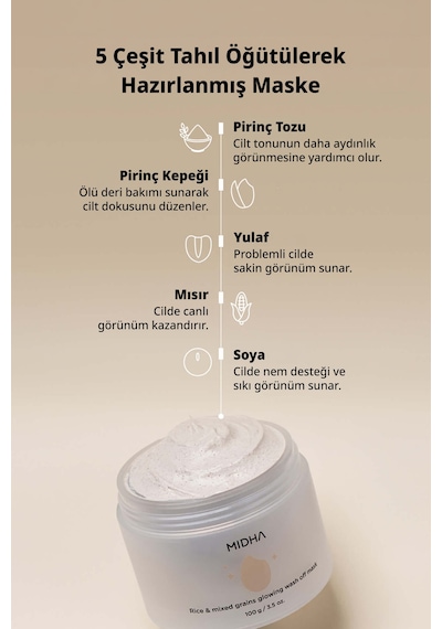Pirinç İçeren Peeling Etkili Pürüzsüzleştirici Krem Maske Rice & Mixed Grains Glowing Wash Off Mask