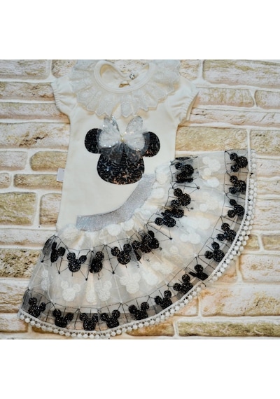 Veraura Lifestyle 1-2-3 Yaş Payetli Mickey Nakışlı Kısa Kollu Brode Etekli 2li Kız Bebek Takımı Siyah