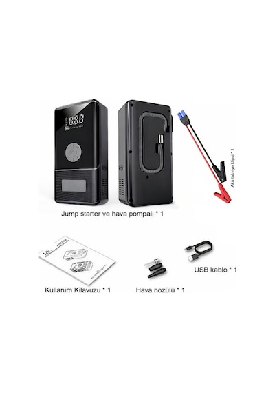 10.000 Mah Araç Akü Takviye Cihazı & Kompresör 150 Psı Dijital Ekran Jump Starter Powerbank Led Fener-1624