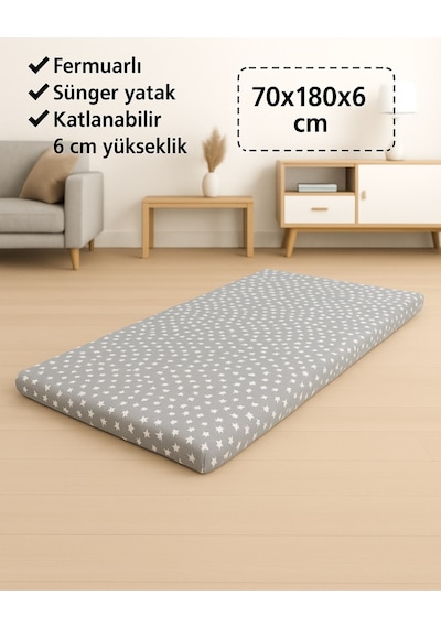 Sünger Yatak 70x180x6 Cm, Yer Yatağı, Balkon Yer Minderi,şantiye,karavan,deprem Yatağı-gri Yıldız