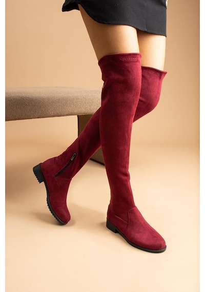 Shoetek Izabella Kadın Çizme Fermuarlı Streçli Bordo Süet Bordo Süet