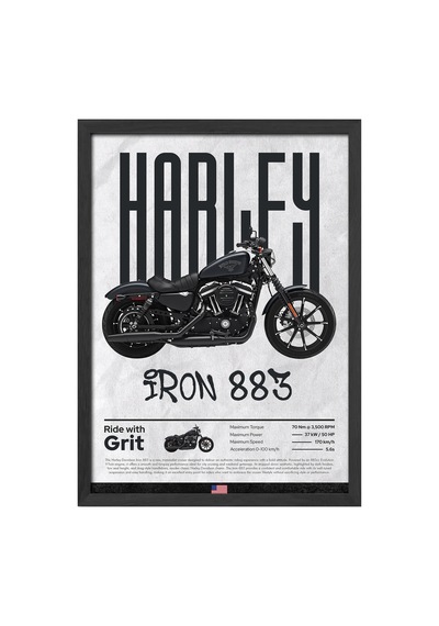 Harley David Iron 883 Siyah Ahşap Çerçeveli Poster, Dekoratif Motosiklet Duvar Tablosu