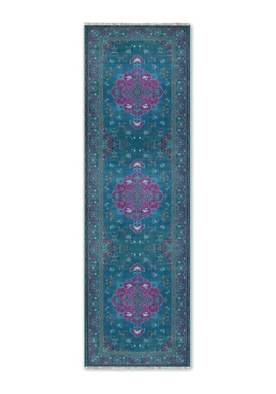 Turkuaz Fuşya Geleneksel Çiçek Desenli Dekoratif Halı 3044-3 Mavi