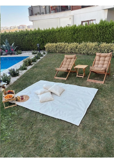 Pamuk Ham Keten Yer Masa Piknik Örtüsü Sofra Bezi 160 X 200 , 4 Minder 40 X 40 Set Bej