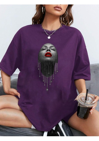 Uyguntarz Unisex Pırlantalı Kadın Portresi Tasarım Basklı Tshirt Mor