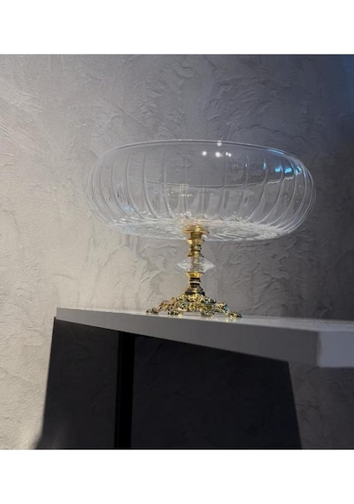 Elta Collection Lotus Kristal 24 Cm Kesme Dekor Metal Ayaklı Salata Kasesi Cam Sunumluk- Servis Tabağı Gold
