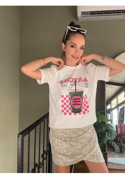 Ali Butik Ekru Matcha Iced Latte Baskılı Tişört