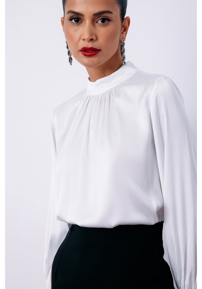 Sateen Yaka Detaylı Saten Bluz - Ekru