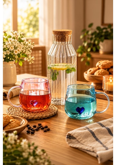 Porsima Mantar Kapaklı Çizgili Cam Başucu Sürahisi Ve Kalp Figürlü 2'li Cam Kupa Seti 950 Ml Sürahi + 2x400 Ml Kupa