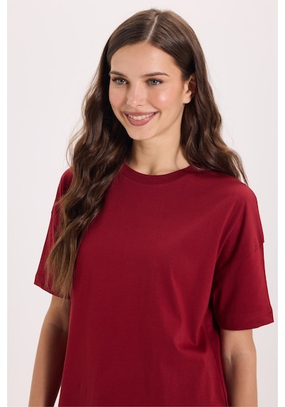 Tudors Kadın Relax Fit Rahat Kesim %100 Pamuk Bisiklet Yaka Bordo Tişört-51174