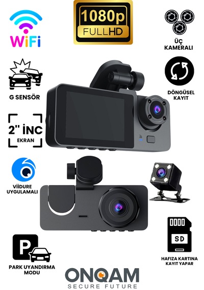 3 Kameralı 1080p Full Hd Hafıza Kartına Kayıtlı Hareket Algılamalı Araç Kamerası