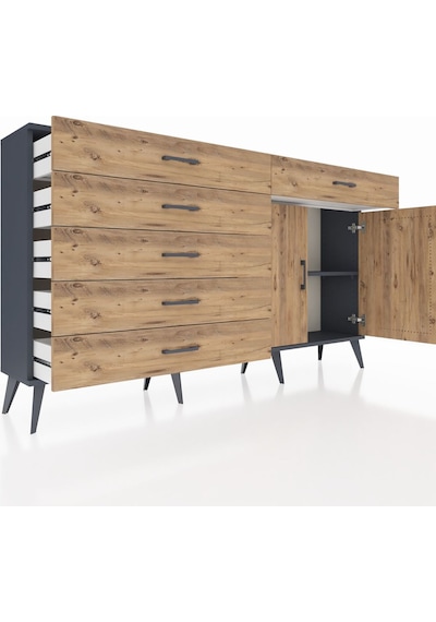 Arges Konsol Tek Raflı 6 Çekmeceli 2 Kapaklı 176x30x99 Antrasit-ç Antrasit-çam