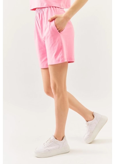 Rahat %100 Pamuklu Penye Beli Lastikli Bel Cepli Kısa Trendy Kadın Şort Pembe