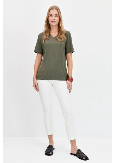 Desen Triko Kadın V Yaka Flamlı Kumaş Basic T-shirt Kmy24085 Haki