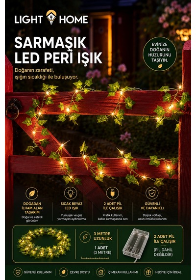 3 Metre 30 Led Li Yapay Sarmaşık Peri Işık Balkon, Bahçe, Oda Ve Duvar Dekoru Sarı
