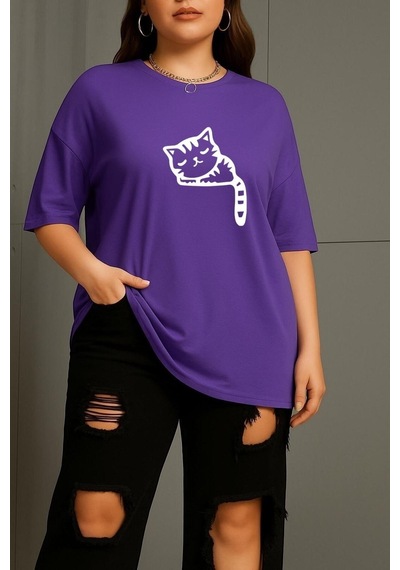 Benroma Büyük Beden Çizgili Uykusuz Kedi Baskılı Unisex Tişört Çok Renkli