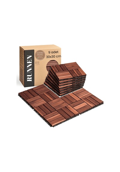 Runnen Akasya Ağacı Yer Karosu 9 Adet Bahçe Banyo Deck Ahşap Karo Masif Yer Döşemesi Balkon Deck