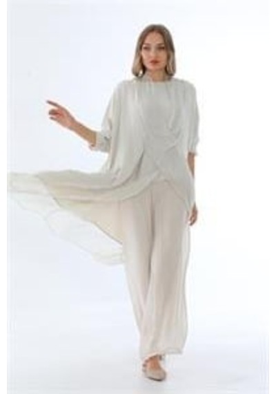 Italyan Ipek Detaylı Oversize Kap Bluz- Wes Pantolon Takım Krem