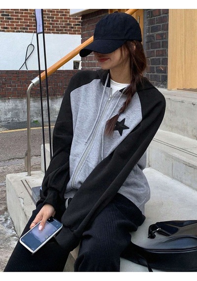 Oversize Yıldız Baskılı Gri - Siyah Reglan Kol Hırka Gri-siyah