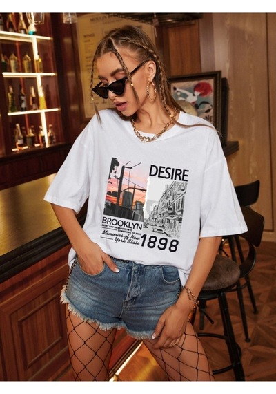 Kadın Beyaz Oversize Desire Baskılı T-shirt Beyaz-67149