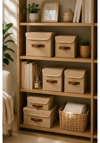 Dolap Düzen Seti 4lü Organizer Kutu 2 Adet 20x20x20 Cm + 2 Adet 25x25x25 Cm Kapaklı Jüt Saklama Kutusu Doğal